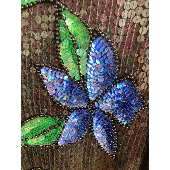 Vintage Stenay Black Sequin Floral Top With Pink Green & Blue Embellishments Sho - Picture 2 of 10
